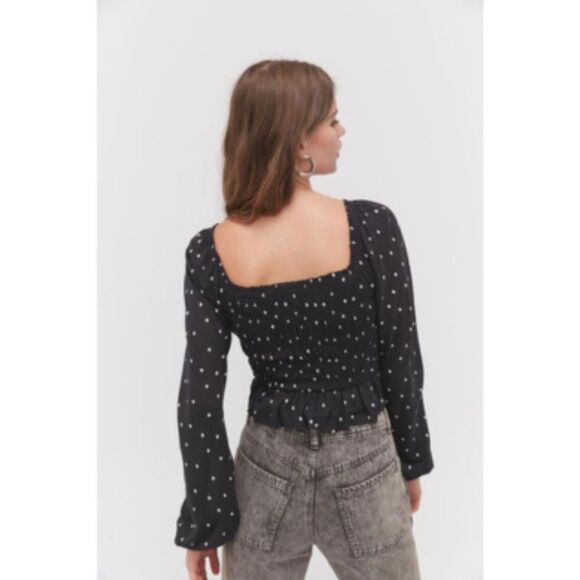 Urban Outfitters Black Polka Dot Smocked Long Sleeve Crop Top - Picture 3 of 10